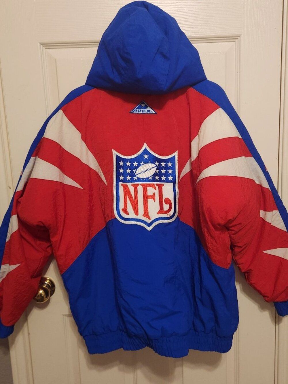 Vintage 90s Apex One NFL Pro Line Hooded Jacket Men’s L Red Blue Football